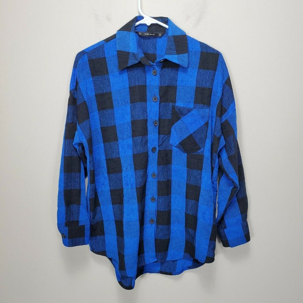 Zara Womens Shirt‎ XS Extra Small Blue Black Plaid Fleece Button Up Oversize